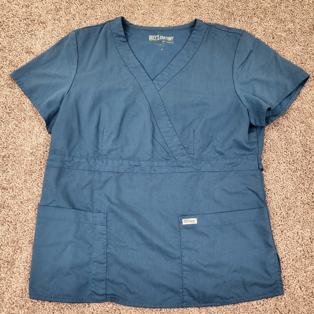 Greys Anatomy Scrub Top Womens XL Teal Blue Excellent Mock Wrap V-Neck 41101